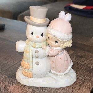Precious Moments Pastel Pink Girl with Snowman Figurine